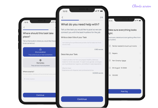 Hustle client onboarding — three screens showing task location, description entry and review before posting